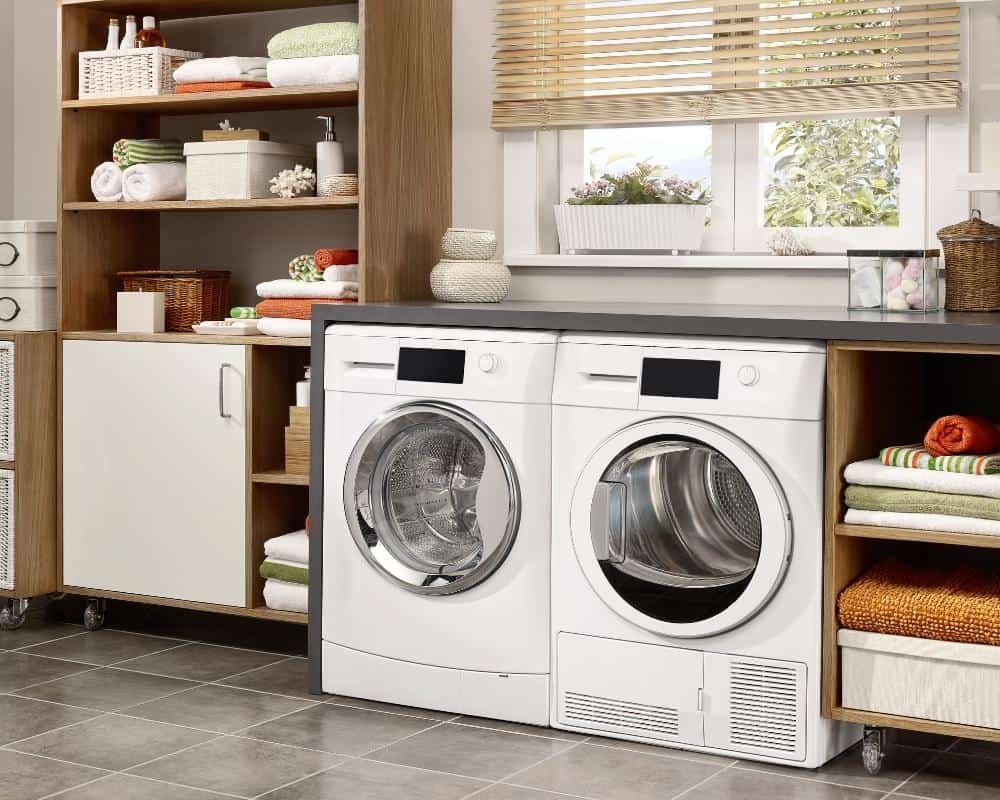 A washer and dryer unit in a laundry room.