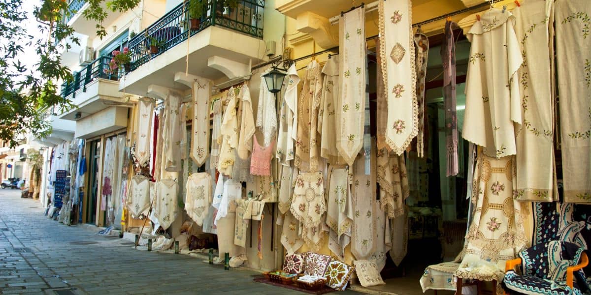 a marketplace with greek handicrafts